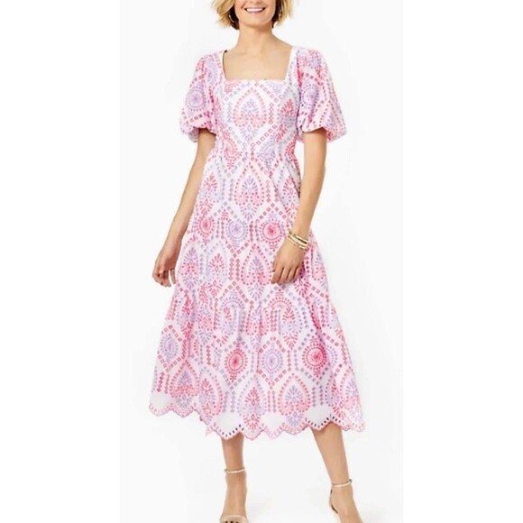 Lilly Pulitzer NWT Katalina Midi Eyelet Dress Sunset Dreamer Eyelet $348 Size 14 - Picture 1 of 10